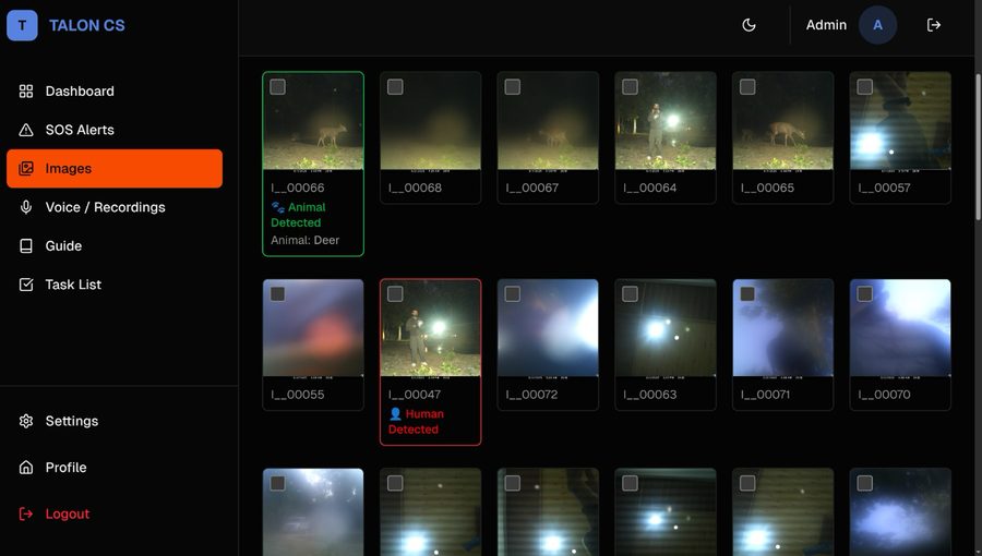 TALON command centre showing wildlife and human detections from the mesh